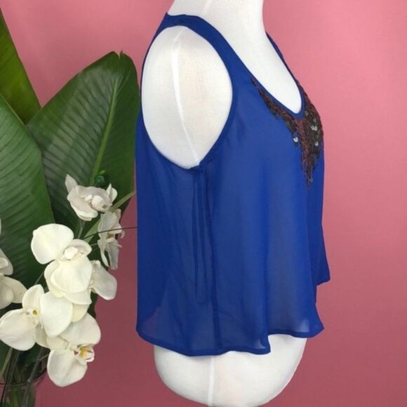 Material Girl Sheer Royal Blue Sequin Flowy Crop Top - Picture 3 of 8